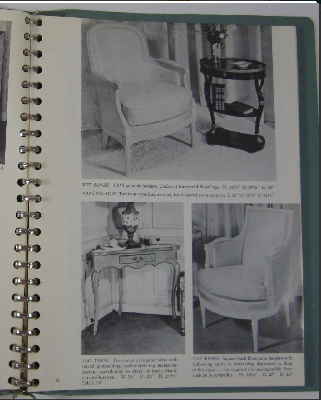 An open spiral-bound catalog spread showing multiple black-and-white photographs of upholstered armchairs, recliners, and side tables with small caption text beneath each photo.