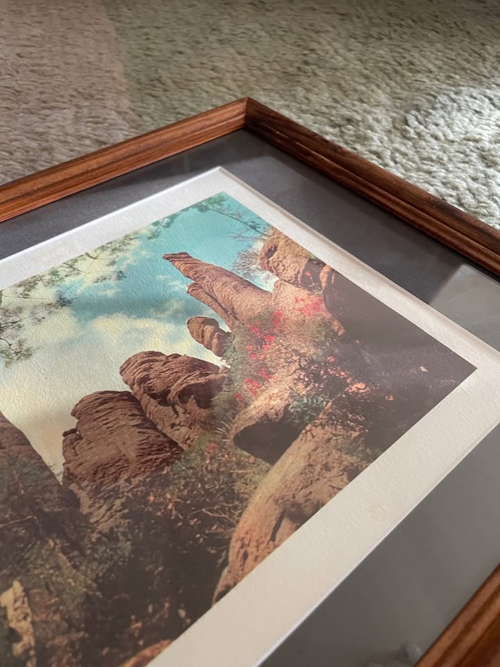 A framed art print depicting a scenic landscape with tall reddish-brown rock formations under a blue sky with a white border, matted in charcoal grey inside a brown wooden frame, resting on a textured blue-grey carpet.