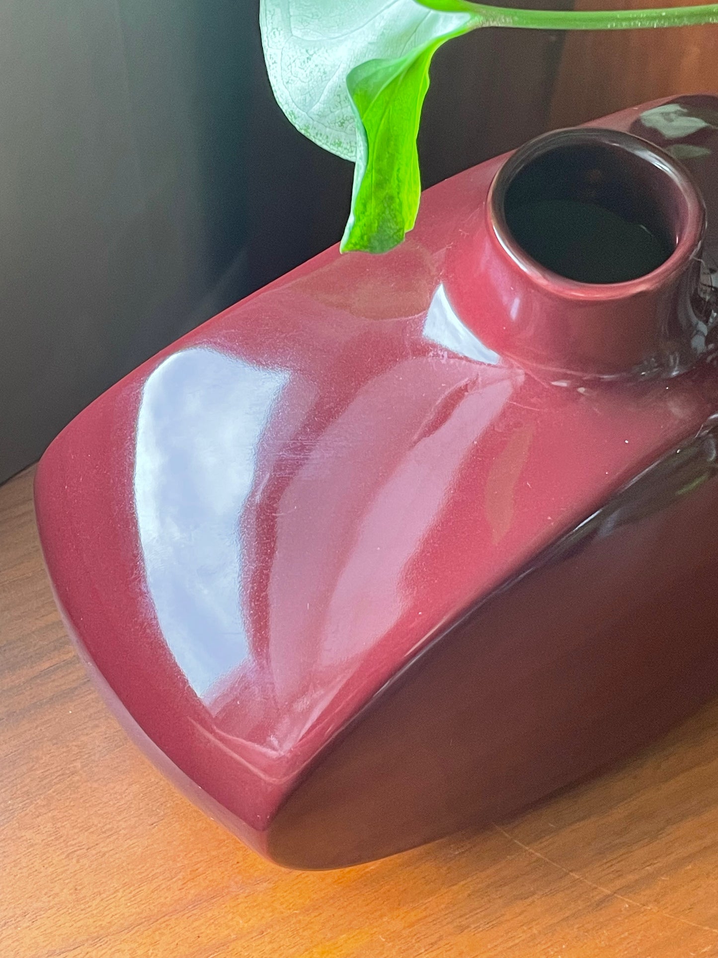 A glossy dark red ceramic vase with a small opening at the top, resting on a wooden surface with a green plant leaf visible above it.