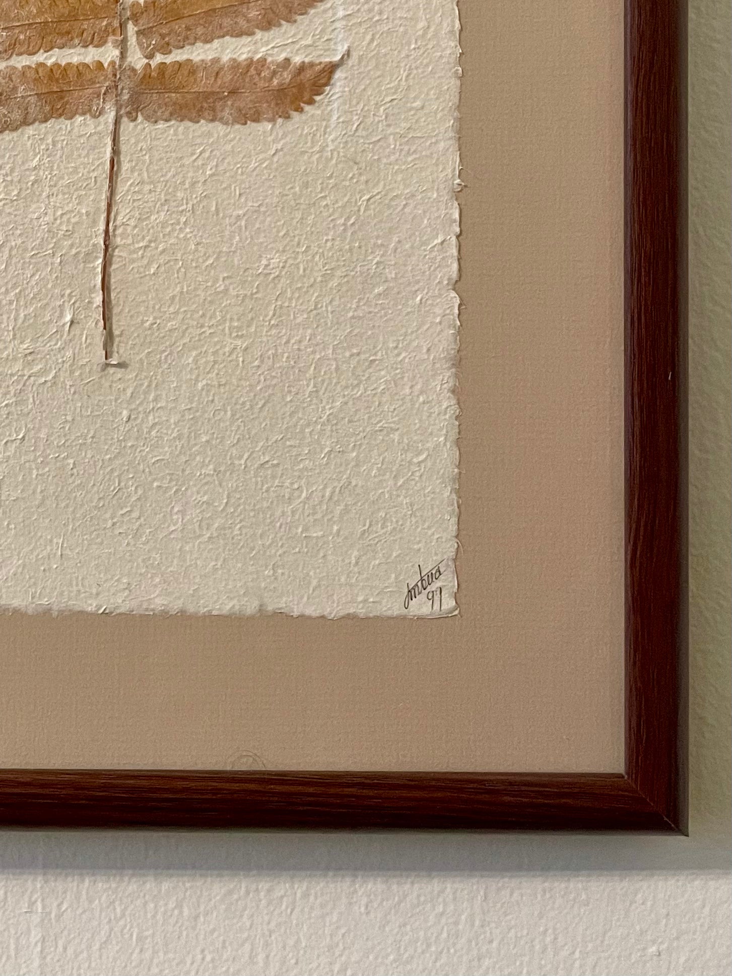 Close-up of a framed artwork showing a textured off-white paper panel with a partial view of a pressed fern, a beige mat, and a dark reddish-brown wooden frame mounted on a light wall. A signature and the date ’99 is written in script in the lower right corner.