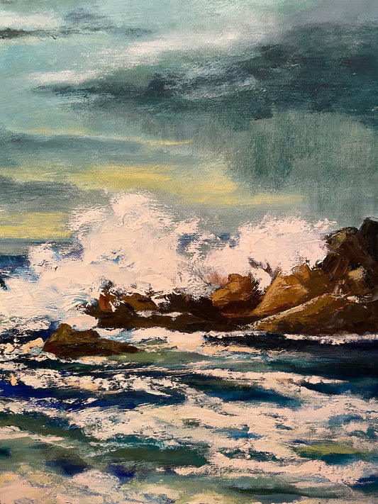 An impressionistic painting of a rocky coastline with waves crashing against dark brown rocks under a cloudy sky in muted blue, green, gray, and white tones.