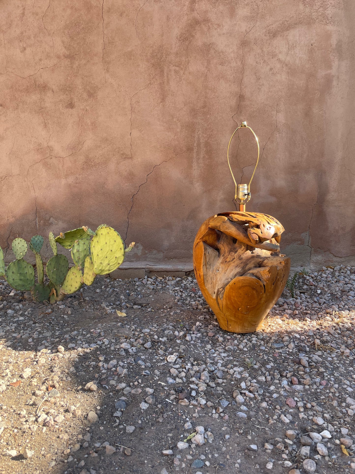 A rustic polished wooden lamp base that showcases the natural variation in shape and grain of a root ball, with a copper lamp stem and bulb socket, set outdoors on a gravel surface against a stucco wall with a cactus nearby.