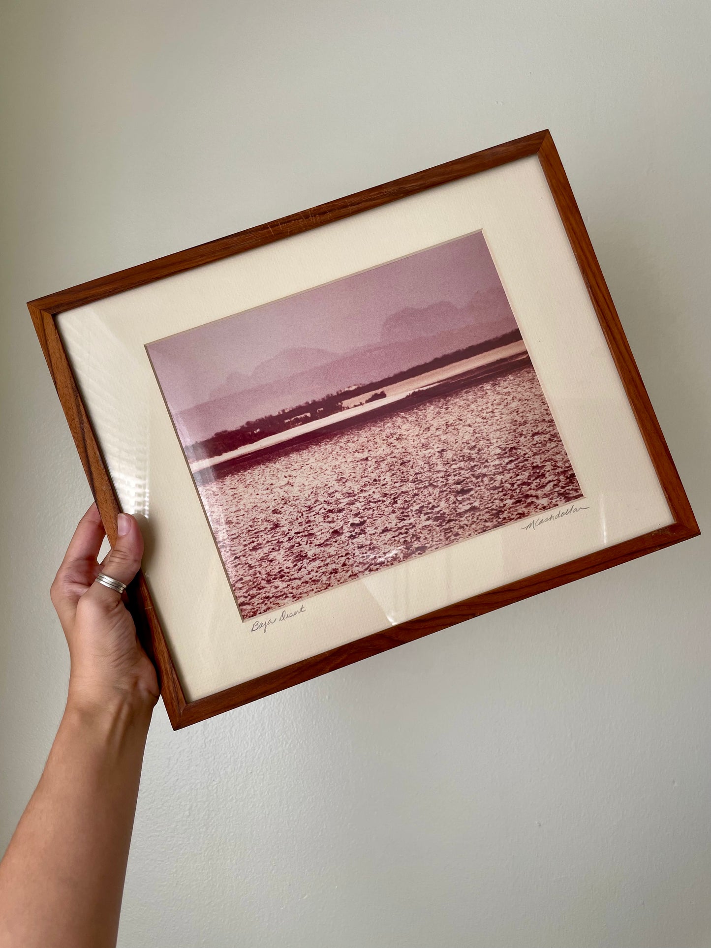 A framed art print featuring a pink-toned landscape photograph, held by a hand against a plain white wall. The print is matted with cream and enclosed in a medium brown wooden frame.