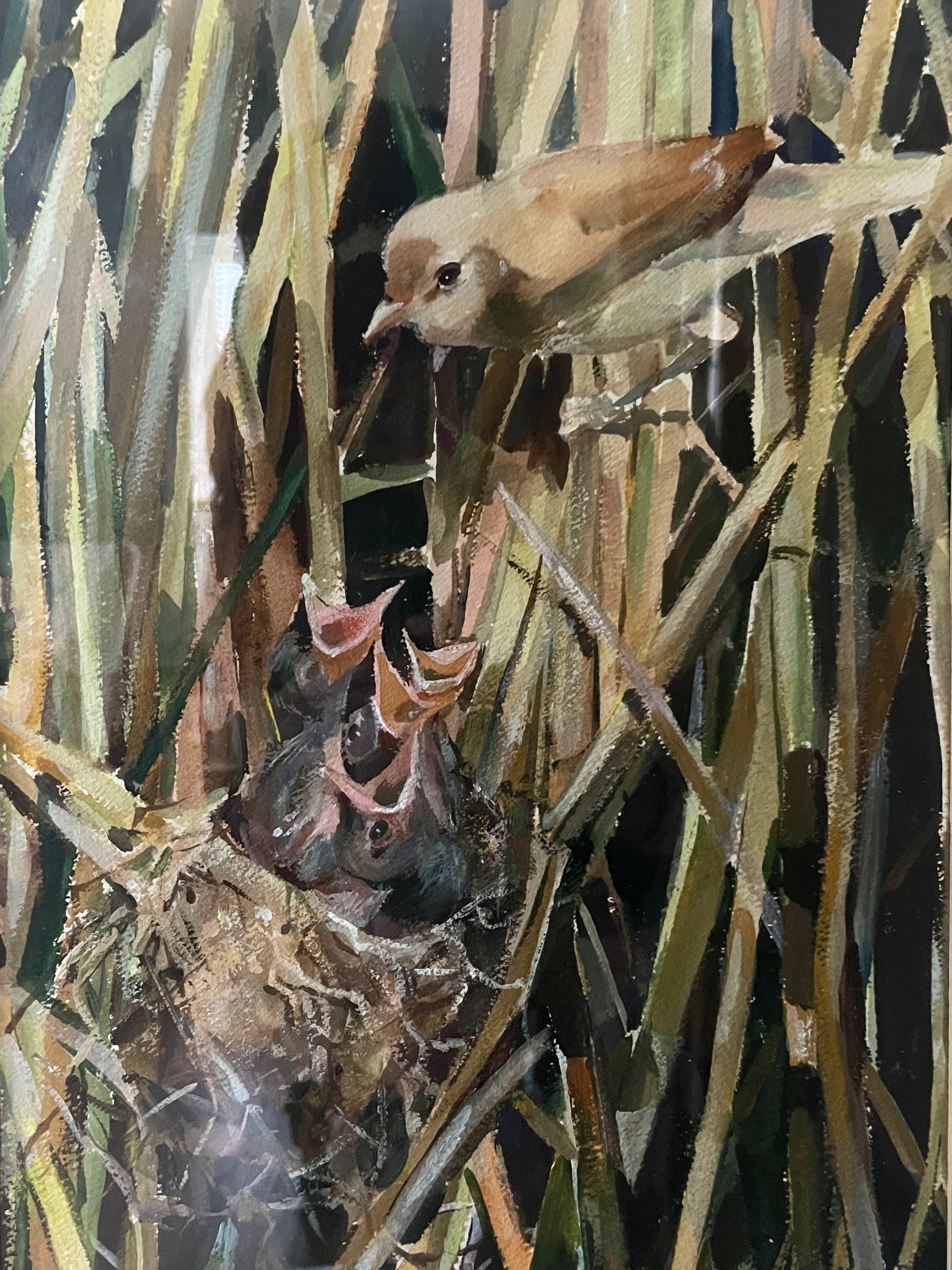 A painted wildlife scene showing a brown bird perched above a nest with four open-mouthed chicks among tall reeds.