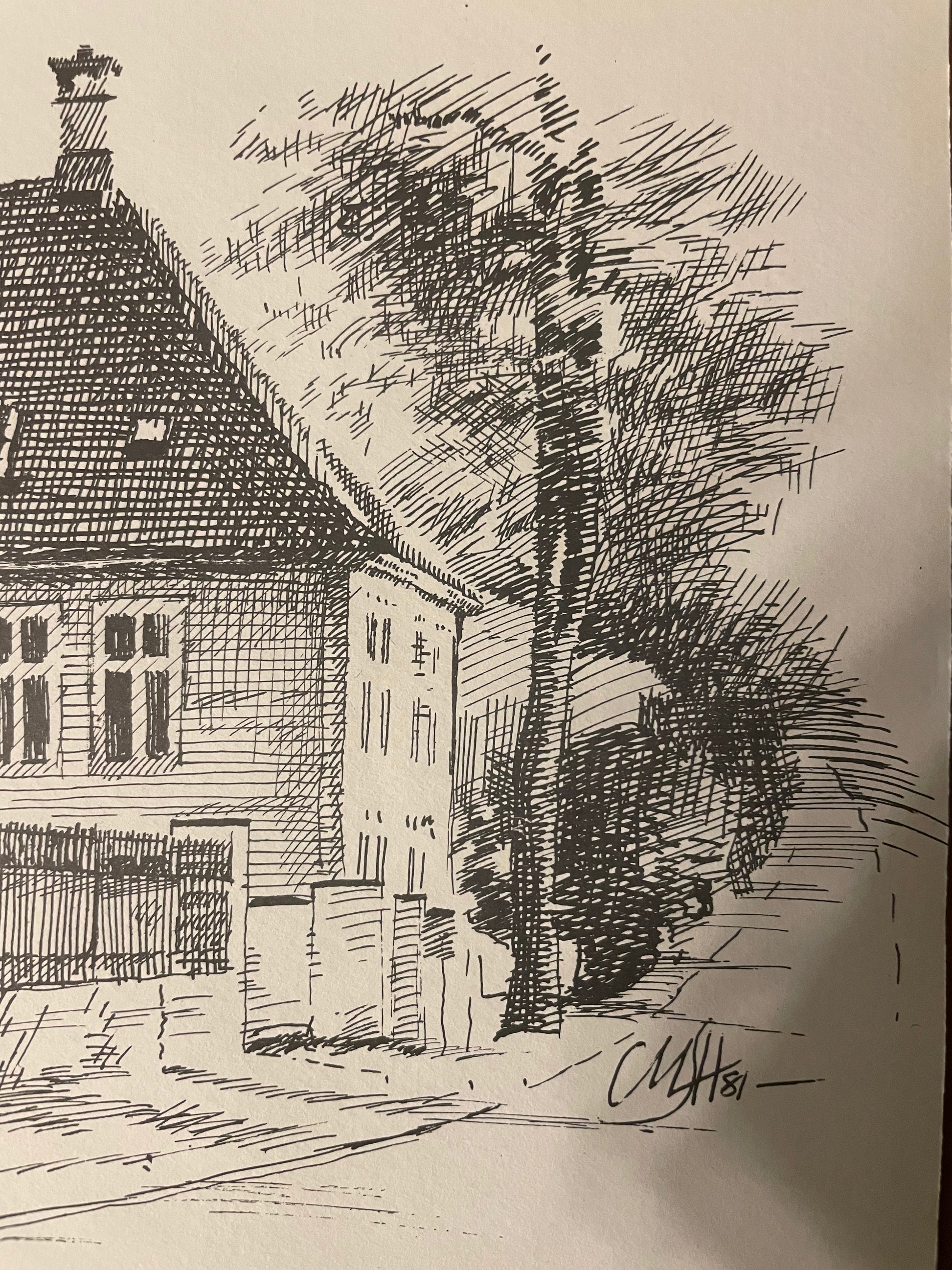 A black pen and ink sketch of a house and tree on off-white paper, signed ‘CMH ’81’ in the lower right corner.