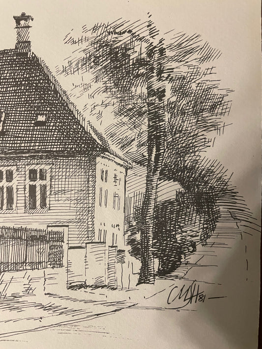 A black pen and ink sketch of a house and tree on off-white paper, signed ‘CMH ’81’ in the lower right corner.