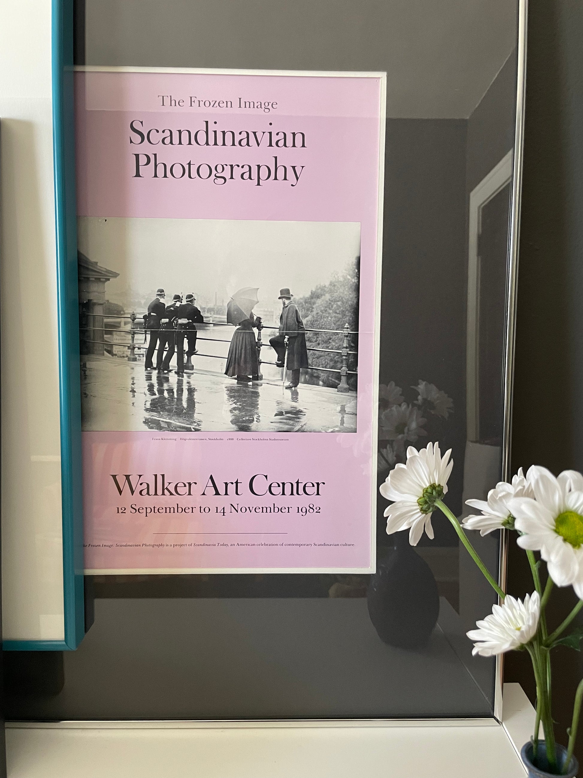 A framed poster titled 'The Frozen Image: Scandinavian Photography' from the Walker Art Center, shown leaning against a dark wall with white daisy flowers in the foreground.
