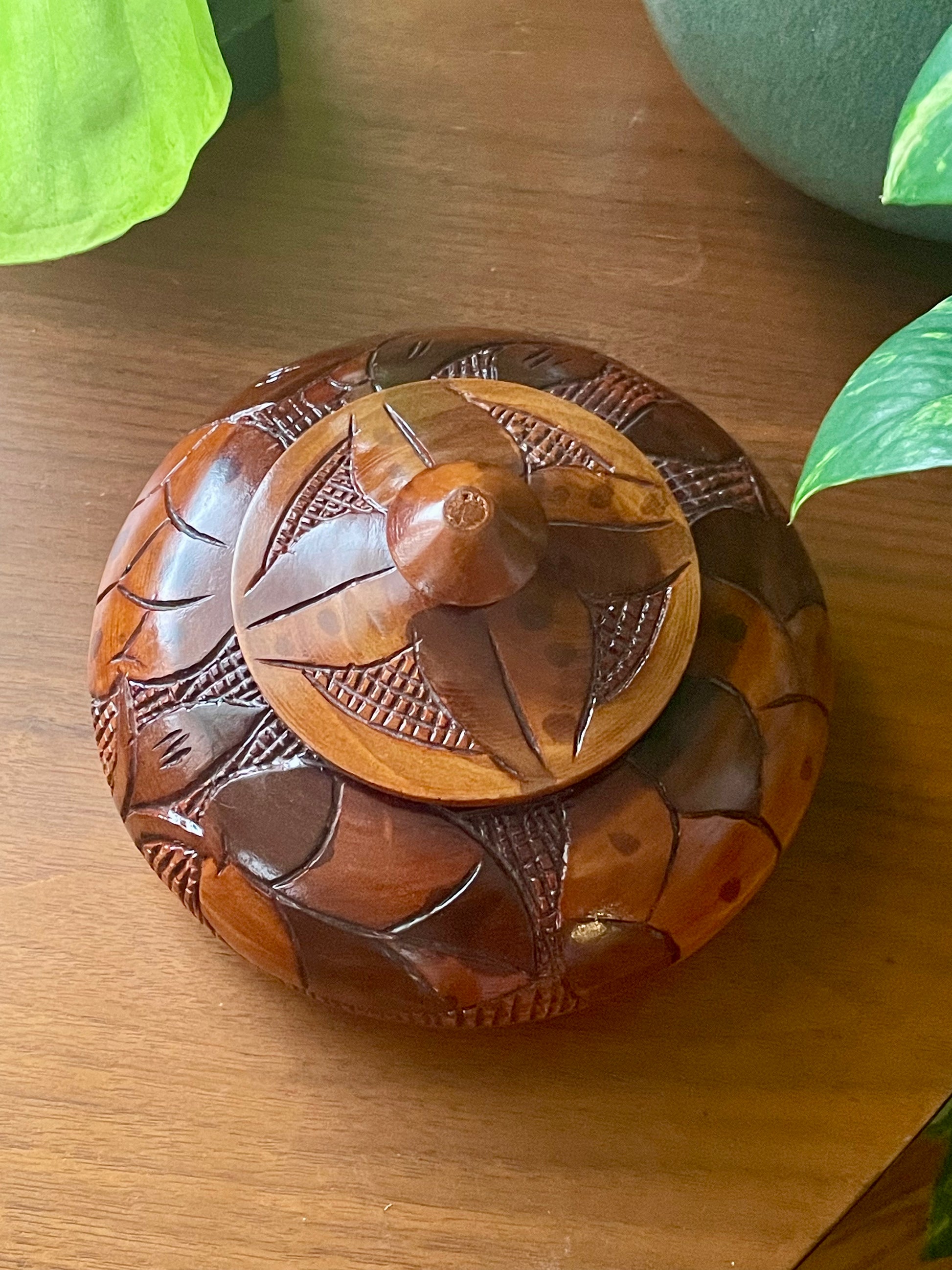 A round, hand-carved wooden box with a matching lid, featuring intricate geometric and floral patterns, placed on a wooden tabletop with green leaves in the background.