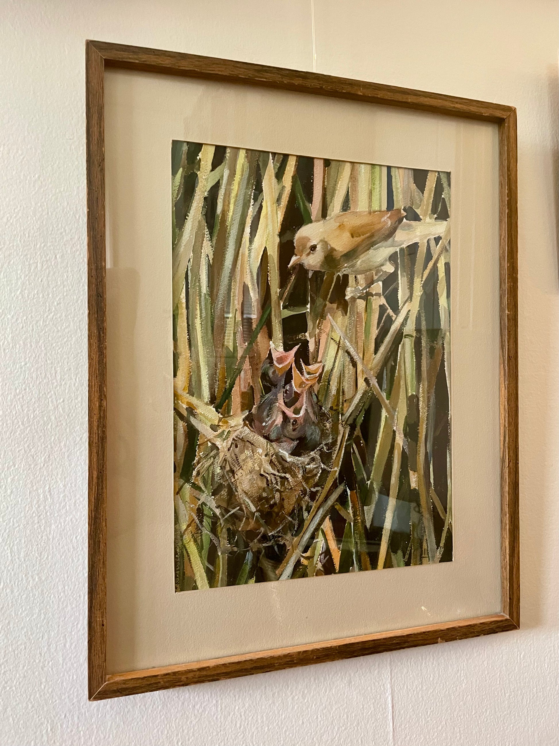 A framed painting depicting a small brown bird perched above a bird's nest with open beaks, mounted on a cream wall in a wooden frame with a beige mat.